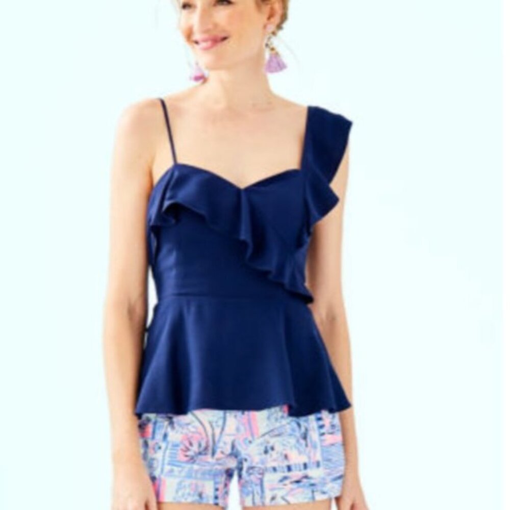 Lilly Pulitzer Auria Ruffle One-Shoulder Peplum Tank Cami True Navy 4